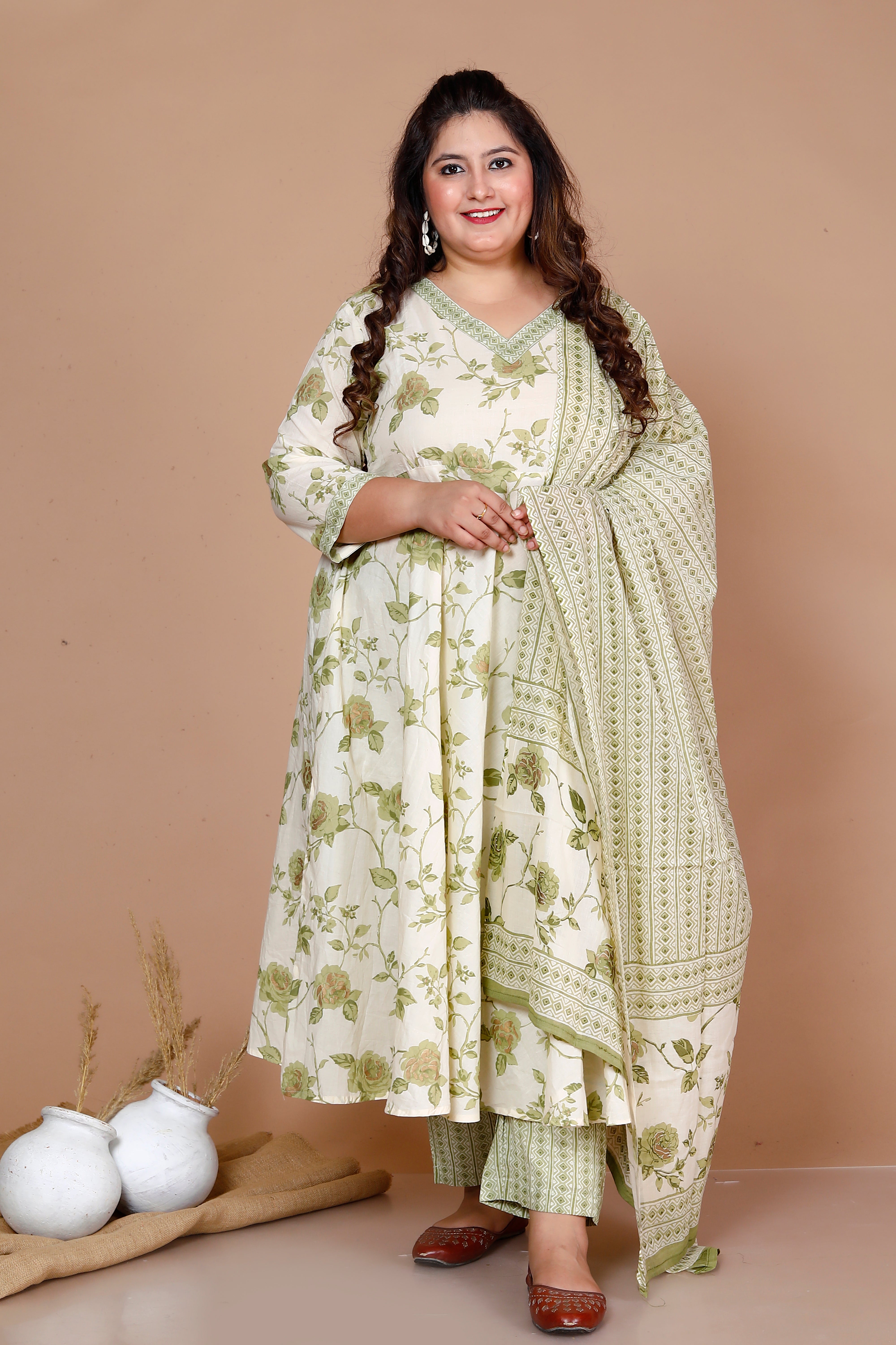 Green Floral Printed Cotton Anarkali Kurta with Palazzo and Dupatta Set